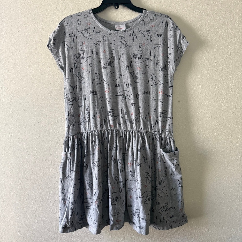 Hanna Andersson Girls Gray Dinosaur Print Pocket Dress US 14-16 Kids XL